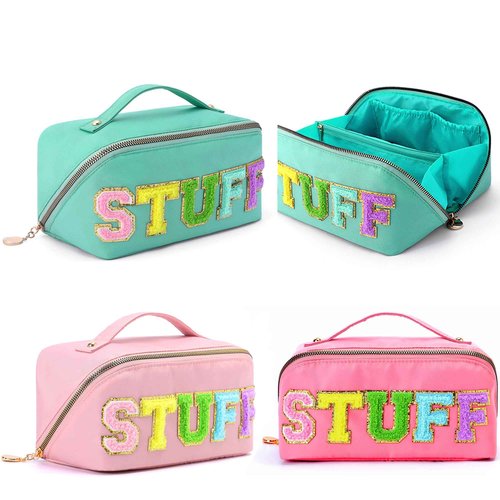 LONEDREAM 3Pcs Stoney Clover Preppy Makeup Bag, Stuff Bag Travel Makeup Cosmetic Bag, Chenille Letter Patch Open Flat Nylon Pouch, Mixed