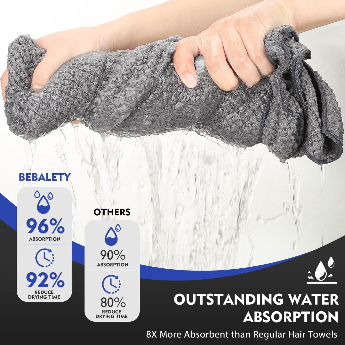 BEBALETY Large Microfiber Hair Towel Wrap for Women Long, Curly, Thick Hair, Super Soft Microfiber Towel for Hair, Anti Frizz Hair Drying Towel with Elastic Strap,Fast Drying Head Towels