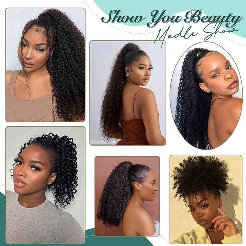 SPIKFN Ponytail Extension Human Hair Curly Ponytail Extension for Black Women 8 Inch #1B Natural Black Short Afro Puffs Hair Buns Drawstring Ponytail Human Hair