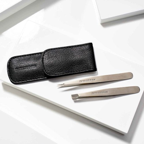 Tweezerman Petite Tweeze Set with Travel Case - Point and Slant Tweezers, Tweezers for Travel (Black Case)