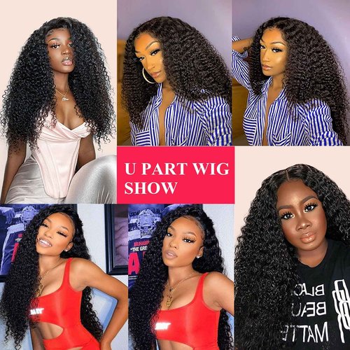 huarisi U Part Wig Human Hair Curly Wave for Black Women, 100% Unprocessed Brazilian Hair, Glueless Full Head Clip in Half Wigs, 150% Density Natural Color 14 Inch