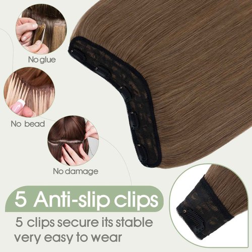 S-noilite One Piece Clip in Hair Extensions Human Hair One Piece/5 Clips 3/4 Full Head V Part Weft Thicker Hair Lace Net One Piece Hair Extensions Clip in Human Hair (12"-50g,#06 Light Brown)