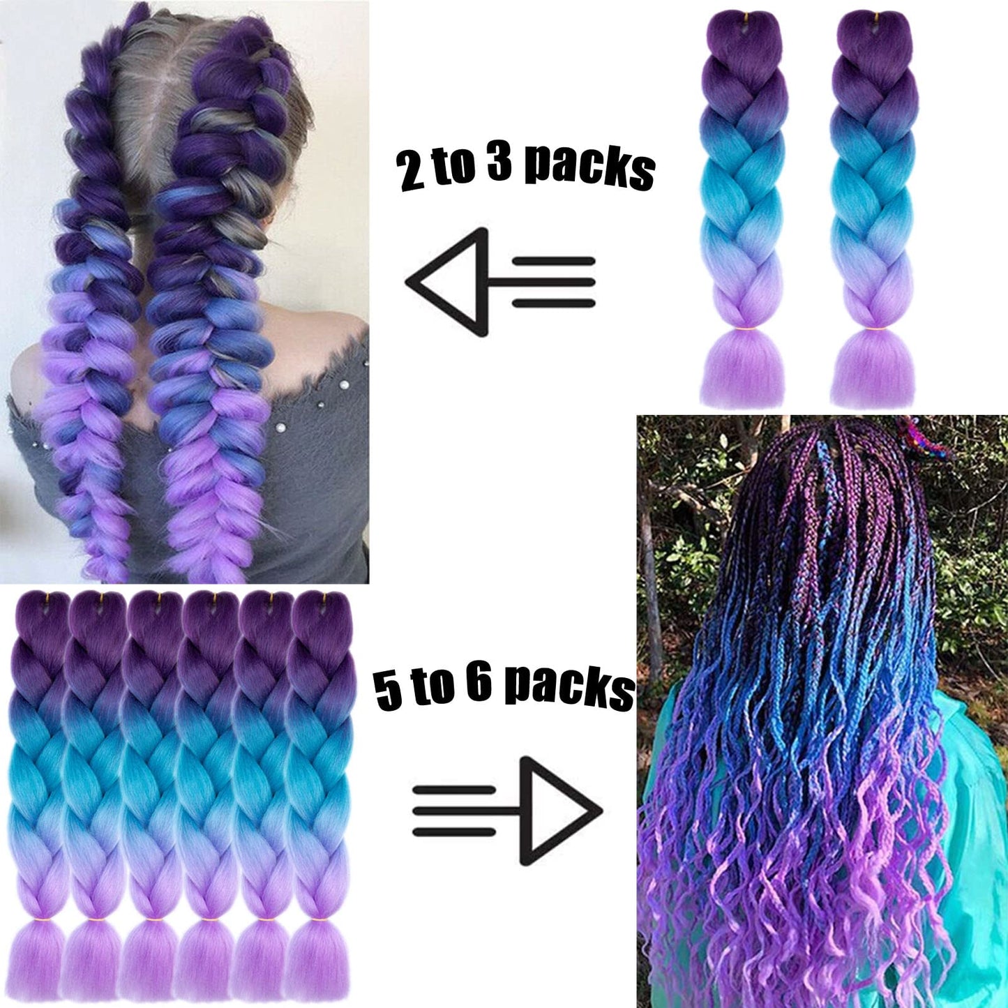 TENGSHUO FLY Black to Purple Braiding Hair 3 Packs Synthetic Braid Hair Extensions Jumbo Ombre Braiding Hair 24 Inch or Box Braids Twist Crochet Braids(24"3Pack,Black to Purple)