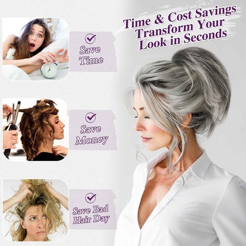 BARSDAR Claw Clip Short Human Hair Ponytail Extension with Bendable Metals - DIY Styles 8 Inch Real Human Hair Gray Messy Bun Hairpieces for Women - Thick Natural Short Ponytail Daily Wear