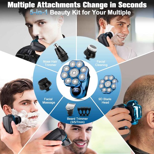 9D Electric Head Shaver for Bald Men, Upgraded 5-in-1 Waterproof Wet/Dry Grooming Kit Electric Shaver for Men, Cordless Rechargeable Bald Head Razor for Home&Travel