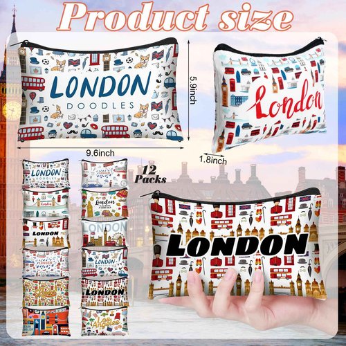 Reginary 12 Pack Cosmetic Bag Travel Souvenirs Gift Makeup Bag Lover Gifts Friendship Family Toiletry Storage for Women Vacation Traveller Trip(London)