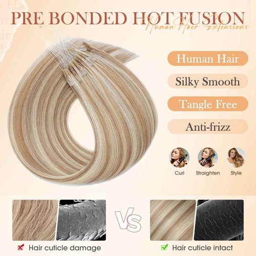Hairro U Tip Human Hair Extensions Micro Ring Keratin Glue U-tip Hot Fusion Remy Hair Balayage Highlight Color 16 inch 50g 50 Strands #12P613 Golden Brown Mix Bleach Blonde