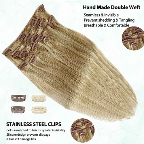 Remy Clip in Hair Extensions Human Hair Blonde Highlights Clip ins Real Human Hair Extensions Balayage Hair Extensions Soft & Natural Human Hair Clip in Extensions for Women 16 Inch 7pcs 70g