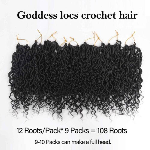 Sosihua Goddess locs crochet hair, 9 packs soft boho faux locs with curly ends bohemian crochet dreads for black women(12Inch,#1B)