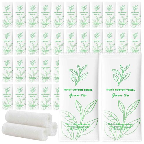 Moist Cotton Towel Bulk Moist Towelettes Individually Wrapped,White Towel Services,Refreshment Pre Moistened Towels for Dentist Travel Sport Party Hotel 100，Green tea