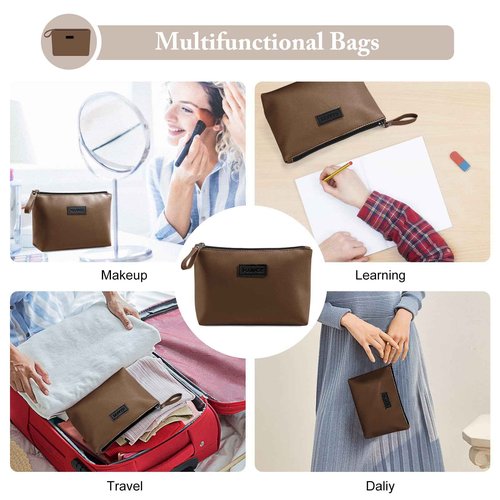 Cosmetic Bags for Women Small Makeup Bag for Purse Pu Leather Makeup Pouch Travel Makeup Bag with Zipper Make Up Bag for Travelling (Coffee)