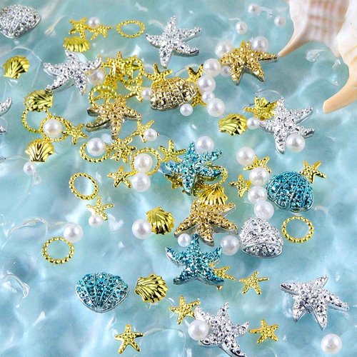 Summer Beach Sea Shell Nail Studs 3D Gold Silver Blue Starfish Nail Charms with Pearls Ocean Theme Resin Charms for Women Manicure Supplies Decorations DIY Craft Jewelry