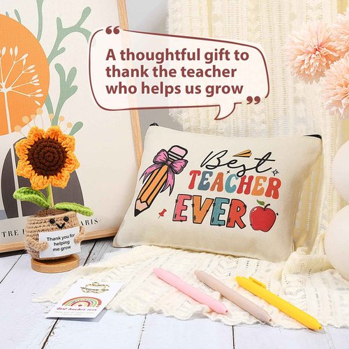 Aileam Teacher Appreciation Gifts 6PCS Gifts for Teacher Makeup Bags Survival kit Sunflower Bookmark Pen Thank You Graduation Retirement for Women School Book Reading Lovers