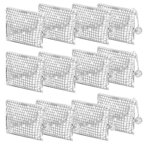 JDRGJTH 12 Pack Disco Cosmetics Bag,Makeup Bag, Portable Silver Sequins Glitter Mirror Foil Zipper Handbag with Disco Accessories Make Up Travel Bag Essentials 70s 80s 90s Disco Party Favors
