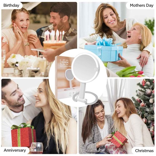 Magnifying Mirror with Light, Makeup Mirror with Lights and Adjustable Brightness, Hanging and Handheld Mirror with Handle, Travel Portable Lighted Makeup Mirror, 360°Rotation, Memory Function 1X/10X
