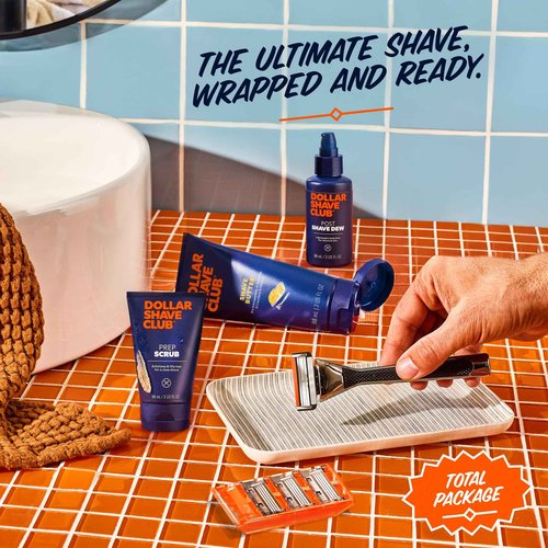 Dollar Shave Club | The Total Package Gift Set | 4 Swift Rinse Refill Cartridges, 1 Heavy Metal Handle, 1 Prep Scrub 3 ounce, 1 Shave Butter 3 ounce, 1 Post Shave Dew 3.4 ounce, Razors for Men