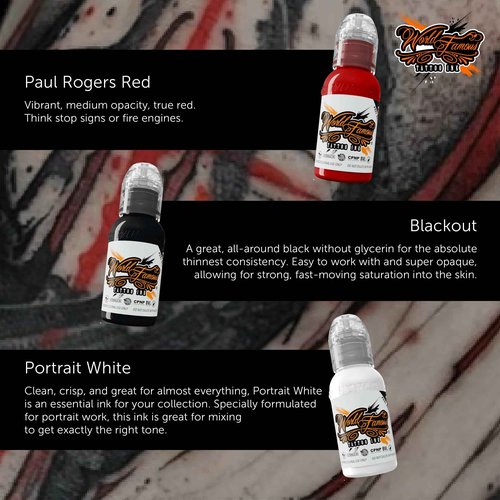 World Famous Trash Polka Mini Tattoo Ink Pigment Set of 3, Vegan, Professional Supplies, 1oz Bottles, Paul Rogers Red, Blackout, Portrait White