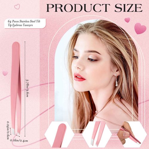Lasnten 64 Pieces Eyebrow Tweezers for Women Men Slanted Precision Stainless Steel Tweezers Facial Hair Removal Ingrown Hair Eyelash Extension Plucking Blackhead(Pink)