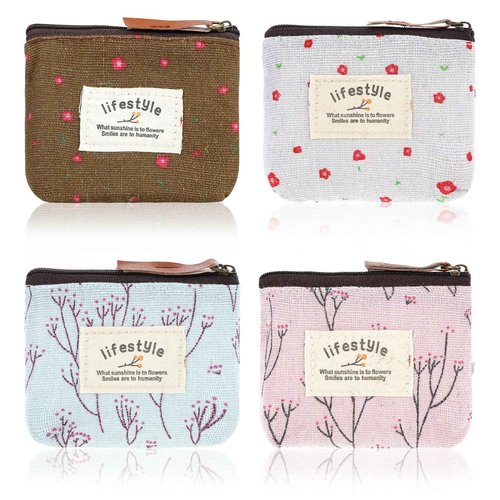 Apausvcm 4Pcs Mini Makeup Bag, Linen Floral Pouch for Purse Small Cosmetic Bag with Zipper Portable Toiletry Organizer Cute Coin Purse Storage Pouch Bag Fabric Cosmetic Pouch for Girl Women