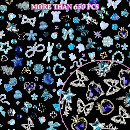 650pcs Mixed 3D Nail Charms Kit, 12pcs Luxury Metal Nail Rhinestones and 250pcs Resin Butterfly Flower Star Heart Bow Charms with 400pcs Flatback Pearls Rhinestone Metal Gems Charm (Blue)