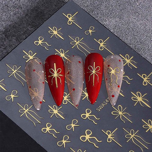 6 Pcs Christmas Gift Bow Nail Art Stickers 3D Self-Adhesive Nail Decals Gold Red Green Gift Bow-Knot Nail Stickers Winter Christmas Nail Art Supplies New Year Manicure Decoration for Women