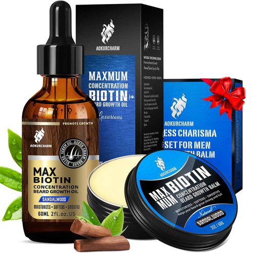 aokur 2 Pack Biotin Beard Growth Kit for Men – Sandalwood Beard Oil & Balm – Beard Care Set for Growth, Softening & Styling – Gift for Father’s Day & Christmas