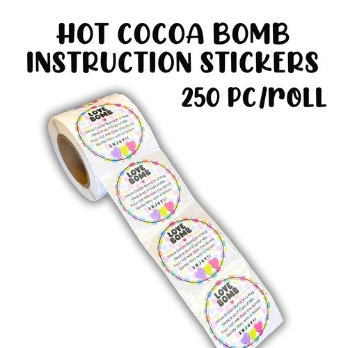 Love Bomb Stickers for Hot Cocoa Bomb Box | 250 pc Roll Bulk Packaging 2” Label Tag Instructions Ingredients for Holiday Valentine’s Candy Heart Background Hot Chocolate Bomb