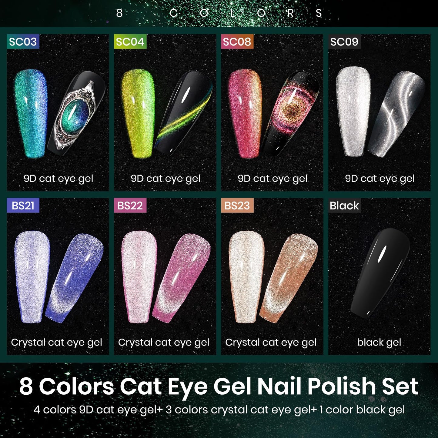 MIZHSE Cat Eye Gel Nail Polish Set 8 Colors with Magnet Stick: 9d Cat Eye Gel Polish and Shiny Wide Cat Eye Gel Set, Classic Holographic Glitter Galaxy Colors UV Gel Nail Kit for Nail Salon Home DIY