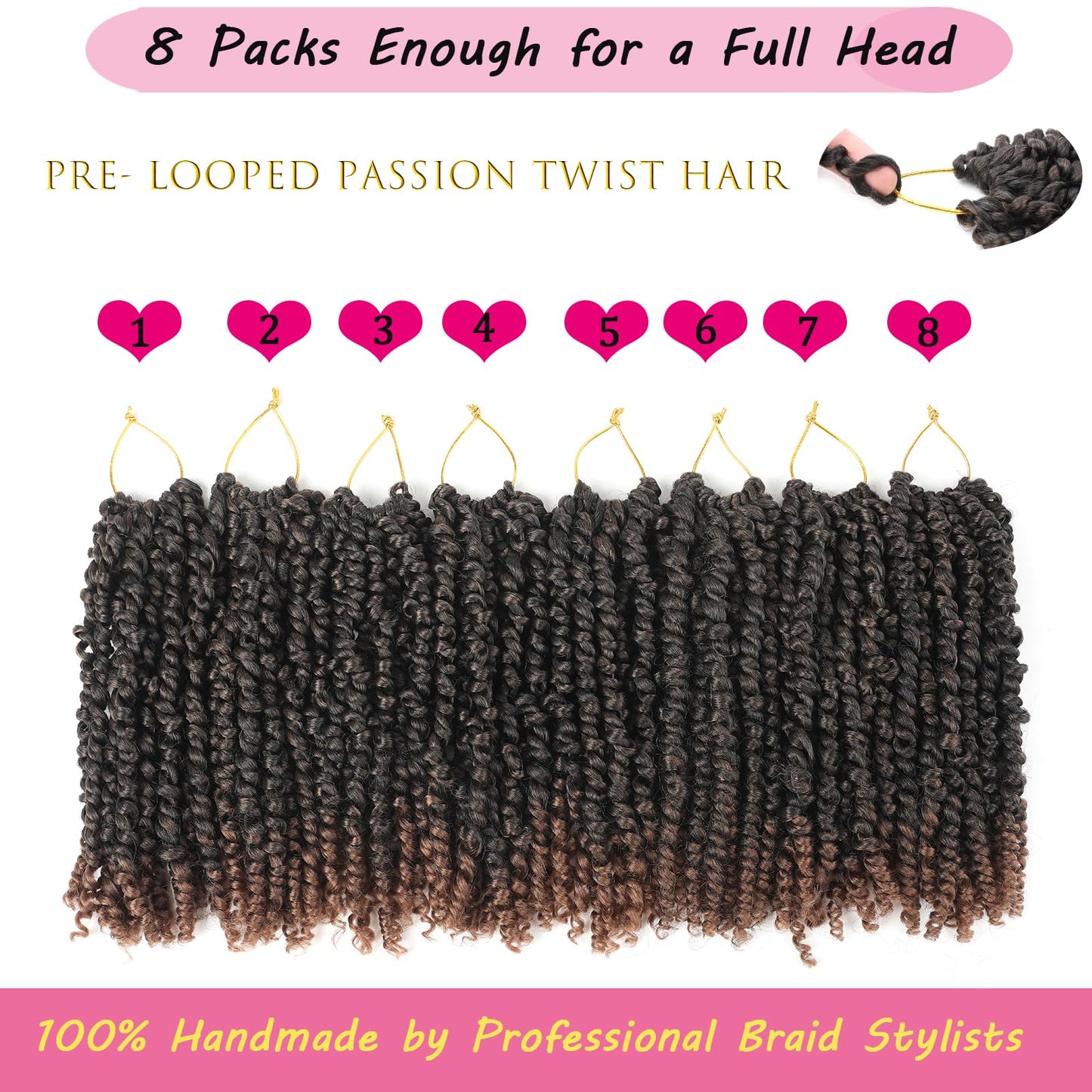 8 Packs Passion Twist Crochet Hair 10 Inch Pre-twisted Passion Twist Hair Pre Looped Crochet Hair for Black Women Short Ombre Brown Passion Twist Hair for Kids and Girls (10 Inch,T1B/30,8 Packs)