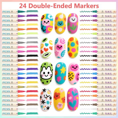 Ponhey 24 Colors Nail Art Pens Set, 3D Nail Polish Pens Quick-Drying Acrylic Paint Markers,For Nail Art Drawing Painting Nail Point Dotting Liner Pen, Nail Design Kit Manicure Tools Home & Salon DIY