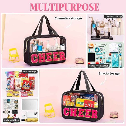JOJOPOLLO Chenille Pink Letter Cheer Bag Cheerleader Gifts for Team Women Girls Cheer Stuff Accessories Makeup Bag with Handle and Zipper, Cheer Gifts