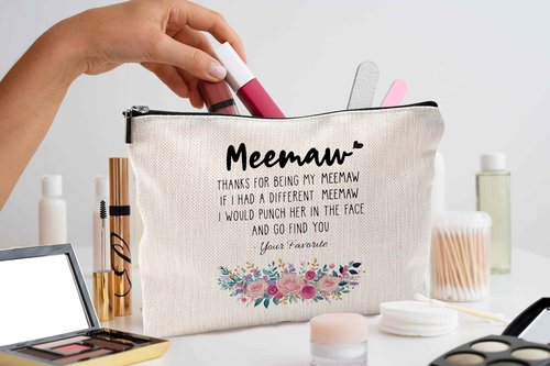 QGFM Funny Meemaw Gifts Makeup Cosmetic Bag - Memaw Mothers Day Gift, Memaw Grandma Gifts from Grandkids, Memaw Birthday Gifts, Best Grandma Gifts, Meemaw Floral Small Makeup Bag for Purse