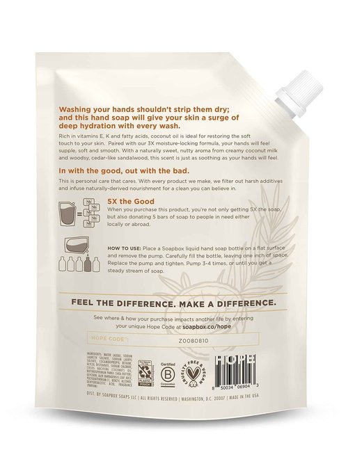 Soapbox Liquid Hand Soap Refill, Coconut Milk & Sandalwood, Vegan, Paraben Free, Moisturizing, Natural Hand Wash for Kitchen and Bathroom, 64oz Half Gallon Refill (Pack of 1)