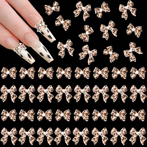 KACHIMOO 60 PCS Bow Charms Leopard Print Bow Nail Charms 3D Nail Charms for Acrylic Nails for Nails Design and DIY Crafts Decoration