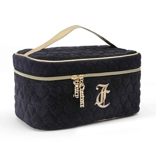 Juicy Couture Black Makeup Bag Cosmetics Organizer Travel Essentials Train Case Terry Cloth Simulated Pearl Logo