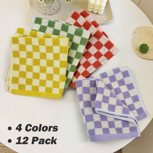 Jacquotha Washcloths 12 Pack Checkered - Wash Cloths for Showering (13"x13") in 4 Colors, Multi-Purpose Bathroom Face Cloths, Soft and Cute