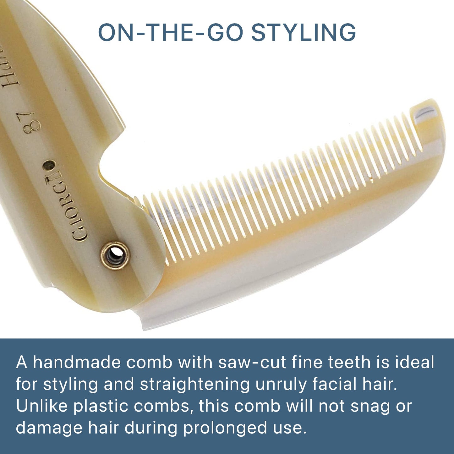 Giorgio G87 IVY 4.5 Inch Folding Mustache Comb and Beard Comb, Small Pocket Comb for Men Everyday Grooming and Hair Care. Handmade, Saw-cut and Hand Polished Styling Men's Folding Comb. 1 Pack, Ivory