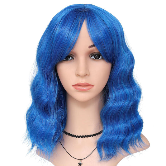 HAIRUP Blue Wig with Bangs for Women, Short Wavy Curly Royalblue Wigs 14 Inch Medium Length Colored Wig Party Cosplay Halloween Dark Blue Wigs