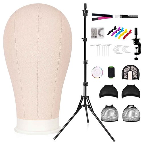 GHWMYD 22 Inch Canvas Wig Head Mannequin Head With 63in Tripod Stand, Manikin Canvas Head Set for Wigs Making Display Styling with Tripod Table Clamp Wig Caps Pins Set Hair Brush, Clips(Beige)