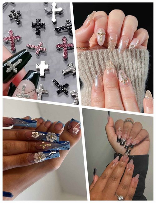 OPMADM 120 Pcs 3D Cross Nail Charms 12 Grids Metal Nail Art Charms White Gold Silver Gold Cross Charms for Nails