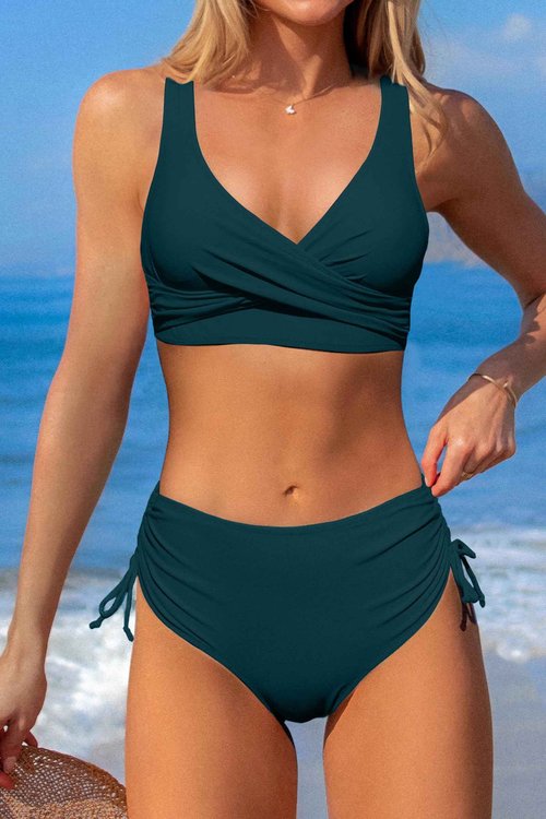 Beachsissi Women's High Waist Bikini Twist Front Tie Back 2 Piece Swimsuits, Teal, M