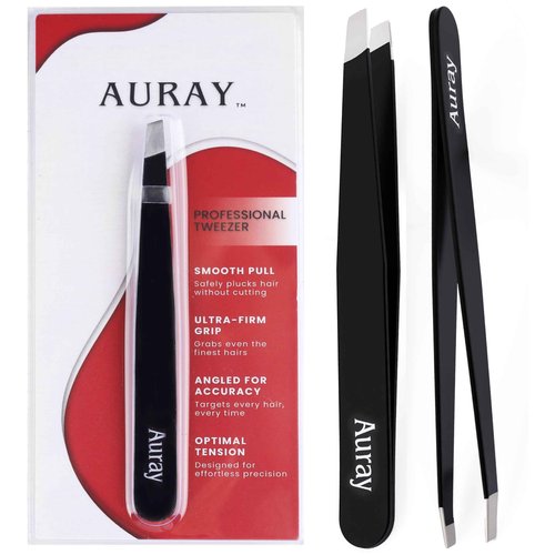 Eyebrow Tweezers Stainless Steel Facial Hair Removal Tweezers for Men & Women in Black with Slanted Tip for Easy Plucking by AURAY