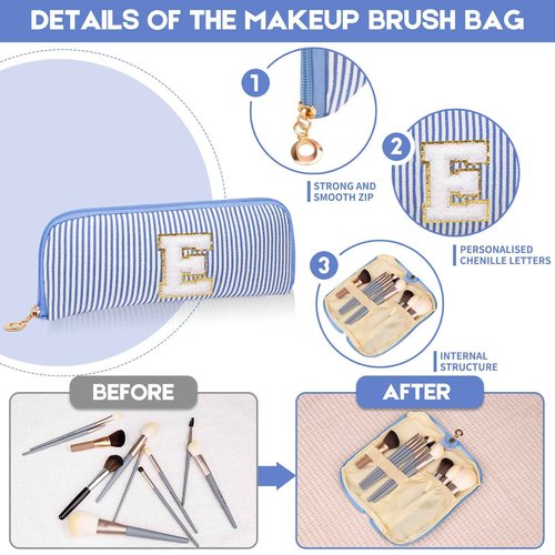 Junesters Initials Makeup Bag Set, Personalized Blue Cosmetic Bag, Cute Large Make up Bags, Travel Toiletry Bag for Women Girl Gifts E (Blue)