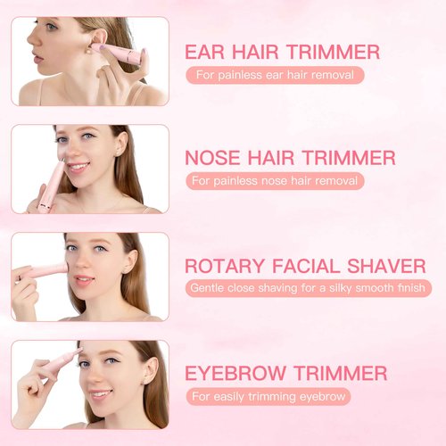 HEBECA Nose Hair Trimmer for Women, 3in1 Electric Eyebrow Trimmer Waterproof Facial Hair Removal Rechargeable Hair Shaver Razor for Nose Ear Eyebrow Peach-Fuzz Lips Chin FT3001 Pink (Pink)