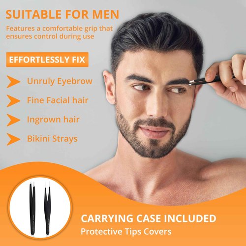 Tweezers Set: Stainless Steel Pointed and Slanted Tweezer for Eyebrows, Facial Hair, Ingrown Hairs and splinters. (2PCS)