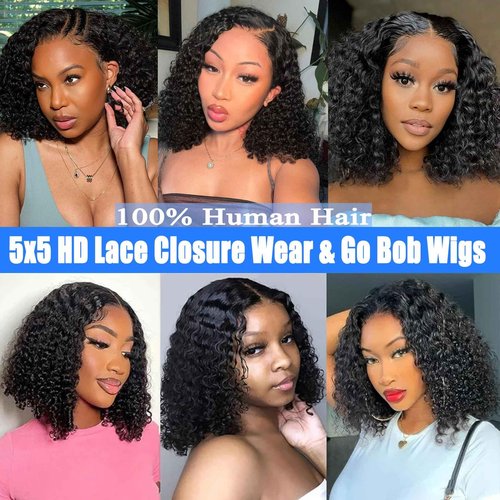 Kerberey Glueless Wigs Human Hair Pre Plucked Pre Cut Wear and Go Bob Wig Human Hair Deep Wave Wigs 5x5 HD Lace Closure Curly Wigs for Black Women Lace Front Glueless Wigs Human Hair 8Inch