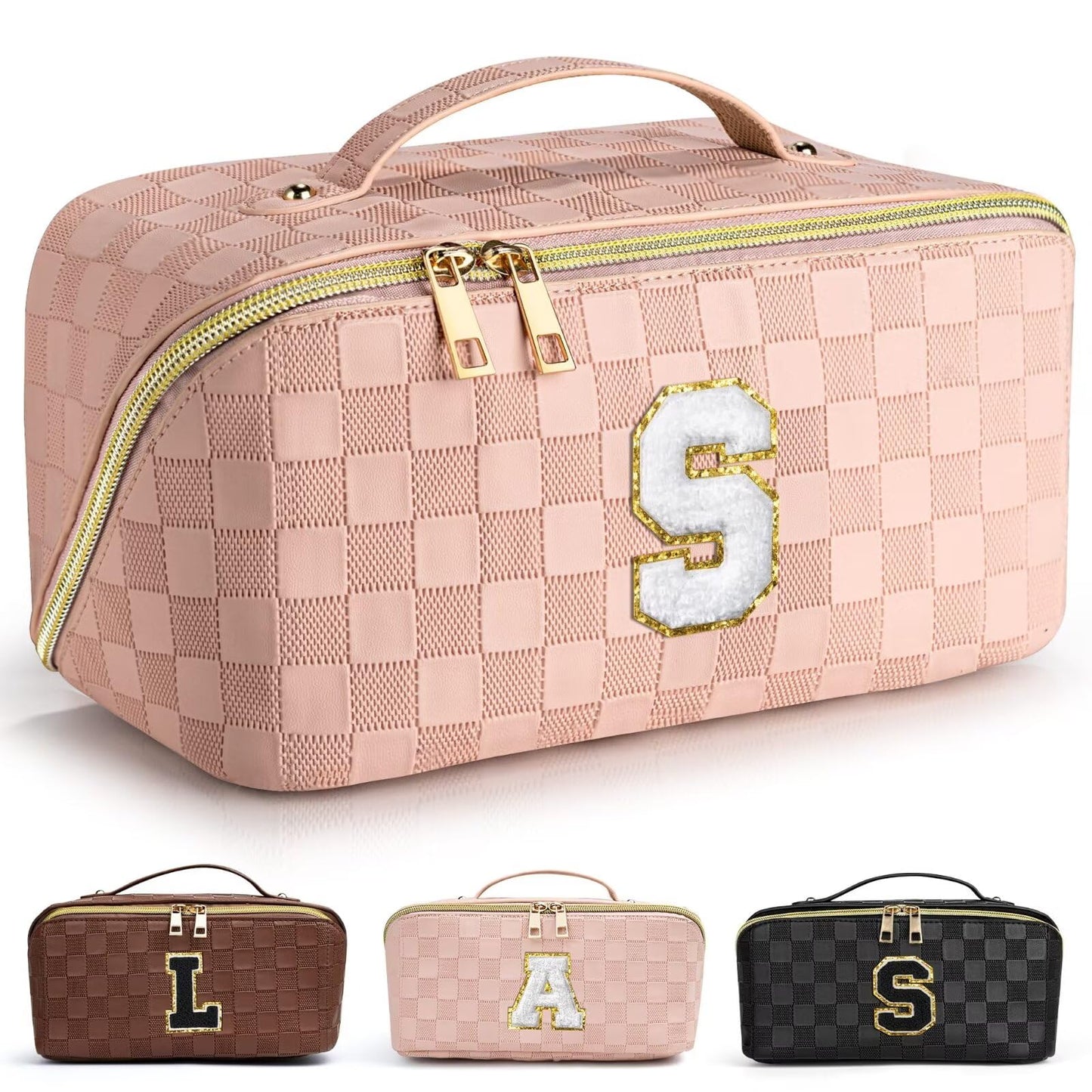 TOPEAST Travel Makeup Bag Gift for Women, Personalized Initial Makeup Bags Open Flat Checkered Cosmetic Bag Waterproof Leather Toiletry Bag with Strap Divider, S