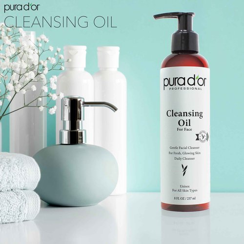 PURA D'OR Facial Cleansing Oil (8 Oz x2 = 16 Oz) Nourishing Botanical Blend with & Vitamin, Jojoba and Sunflower Oil - Gentle Makeup Remover & Deep Cleanser For Healthy, Glowing Skin - Paraben-Free