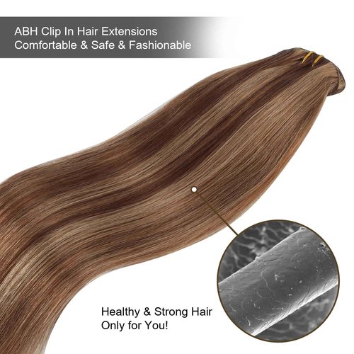 ABH AMAZINGBEAUTY HAIR Clip in Hair Extensions Real Human Hair Chocolate Brown Mixed to Dark Blonde Hair for Fashion Women Virgin Highlights Clip in Hair Double Wefts Silky Straight 90G 8Pcs 16 Inch