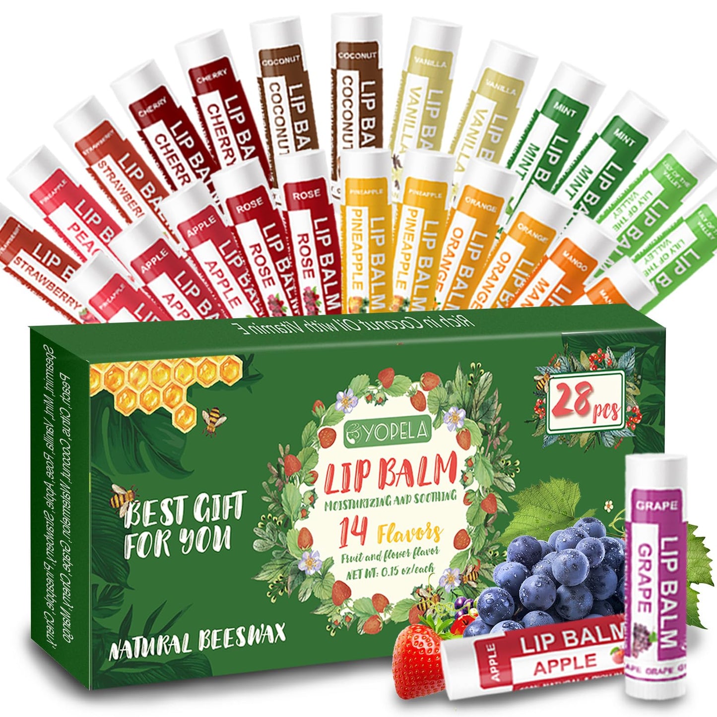 Yopela 76 Pack Christmas Natural Lip Balm Bulk with Vitamin E and Coconut Oil Lip Care Set - Moisturizing, Soothing, and Repairing Dry and Chapped Lips - 19 Flavors - Non-GMO